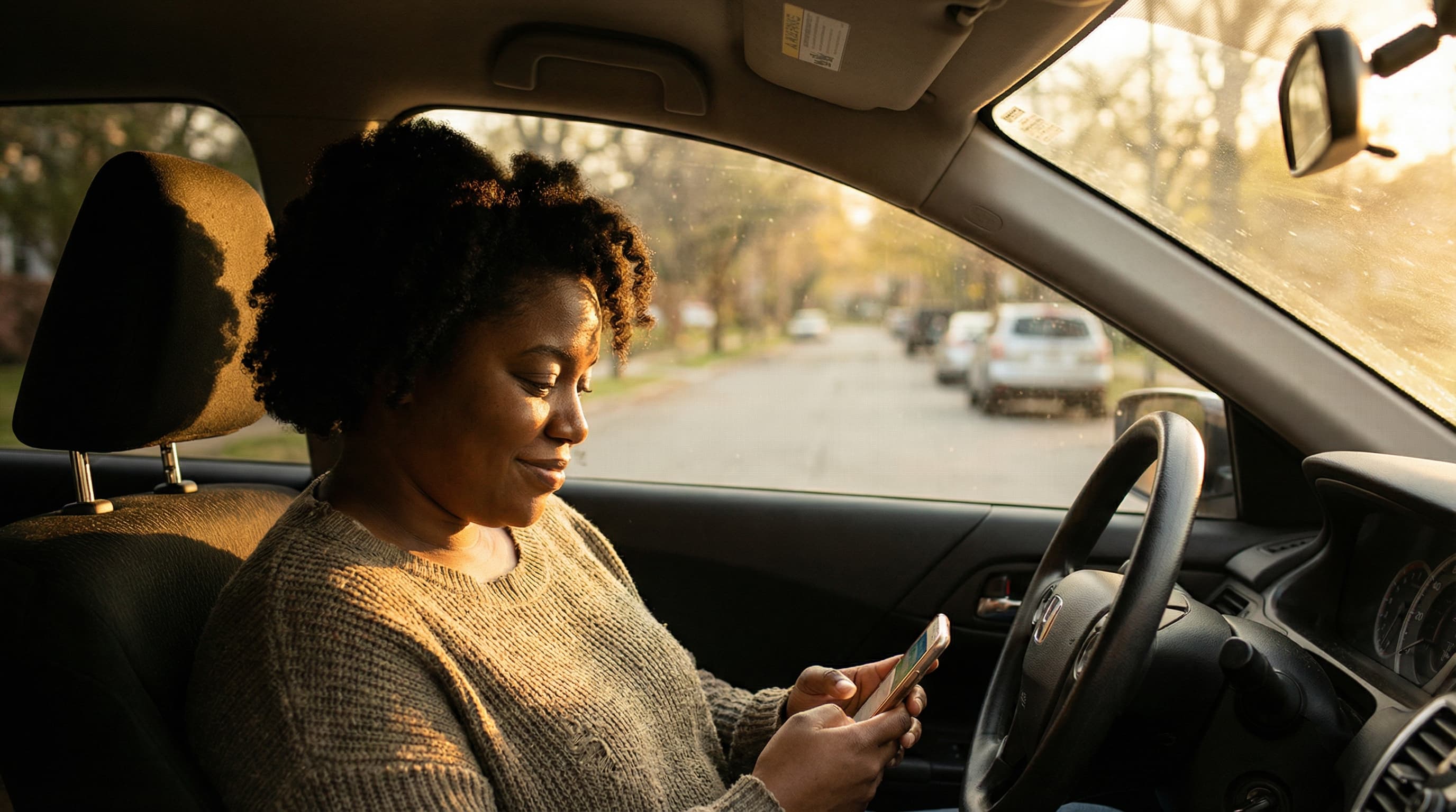 A woman in her car during golden hour, finding connection on her phone